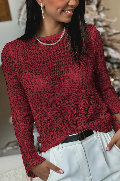 Damen Paillettenbluse mit Langarm und Rundhalsausschnitt