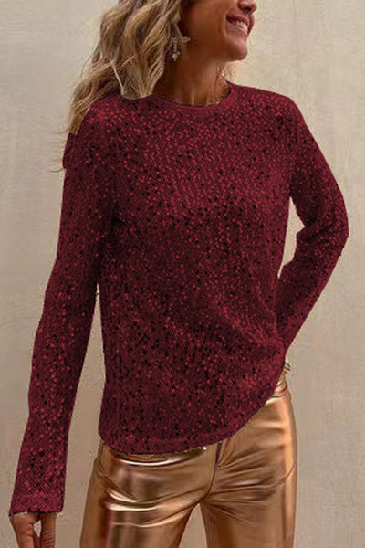 Damen Paillettenbluse mit Langarm und Rundhalsausschnitt