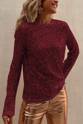 Damen Paillettenbluse mit Langarm und Rundhalsausschnitt