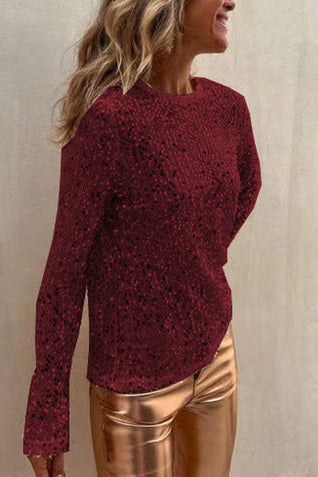 Damen Paillettenbluse mit Langarm und Rundhalsausschnitt