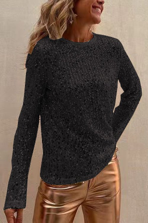 Damen Paillettenbluse mit Langarm und Rundhalsausschnitt