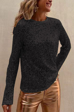 Damen Paillettenbluse mit Langarm und Rundhalsausschnitt