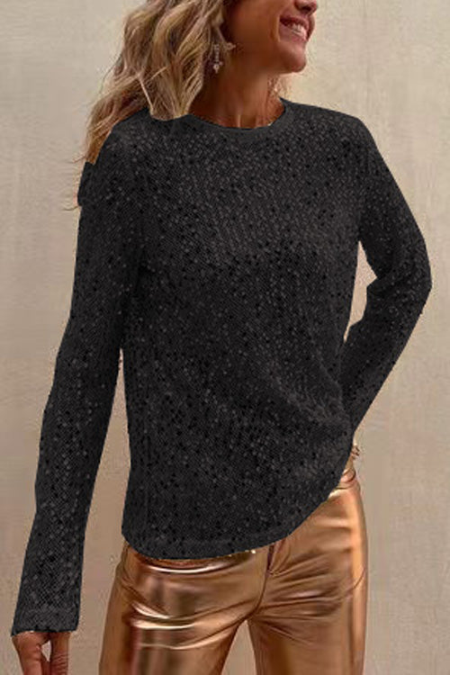 Damen Paillettenbluse mit Langarm und Rundhalsausschnitt