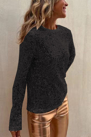 Damen Paillettenbluse mit Langarm und Rundhalsausschnitt