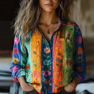 Damen Bluse mit Vintage-Print und langen Ärmeln