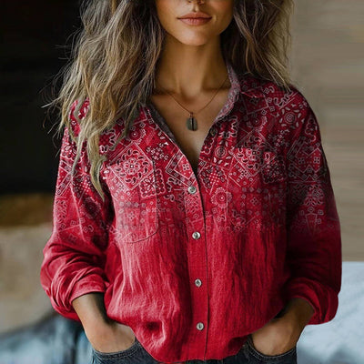 Damen Bluse mit Vintage-Print und langen Ärmeln