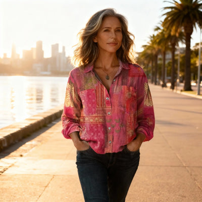 Damen Bluse mit Vintage-Print und langen Ärmeln