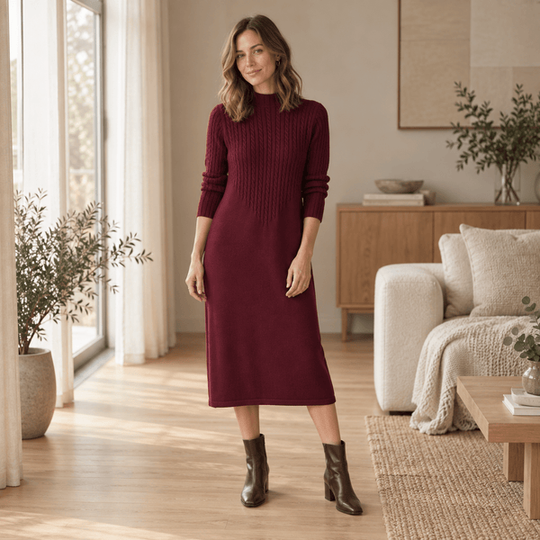 Strickkleid Sabine – Halbrollkragen im Midi-Look