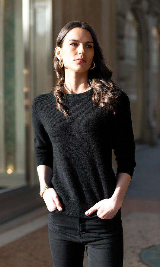 Damen Kaschmirpullover mit Rundhalsausschnitt im Doppelstrick