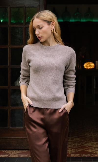 Damen Kaschmirpullover mit Rundhalsausschnitt im Doppelstrick
