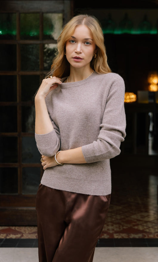 Damen Kaschmirpullover mit Rundhalsausschnitt im Doppelstrick