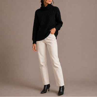 Damen Grobstrick-Rollkragenpullover mit Zopfmuster