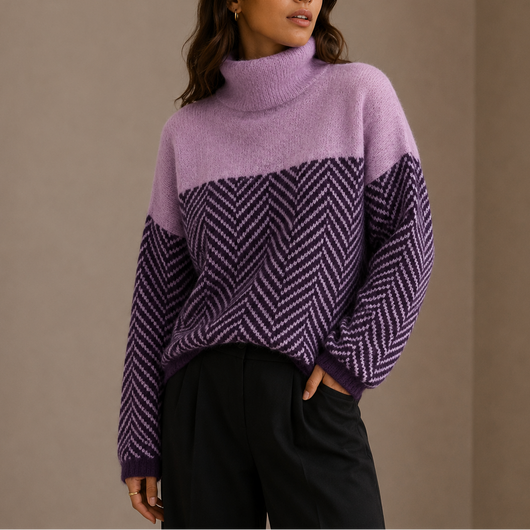 Damen Rollkragenpullover mit Fischgrätmuster