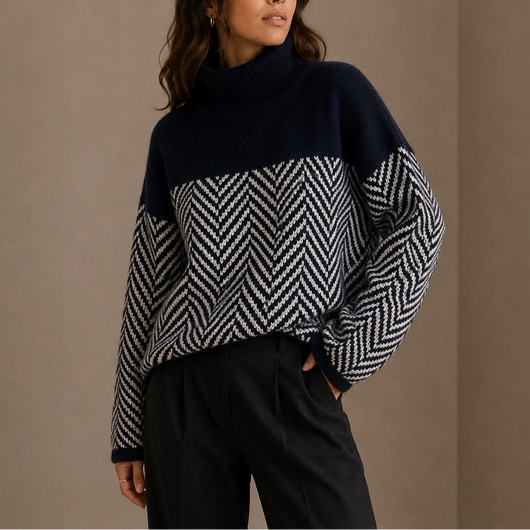 Damen Rollkragenpullover mit Fischgrätmuster