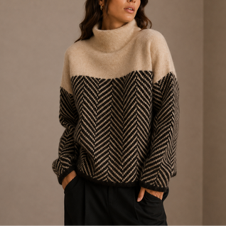 Damen Rollkragenpullover mit Fischgrätmuster