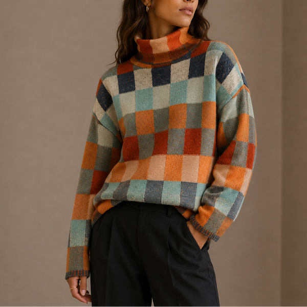 Damen Rollkragenpullover mit Karomuster in Oversize