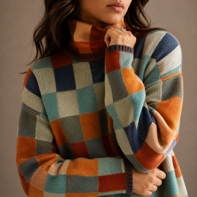 Damen Rollkragenpullover mit Karomuster in Oversize
