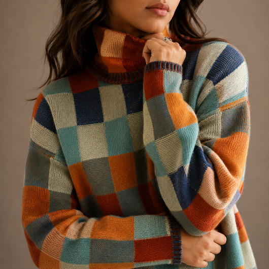 Damen Rollkragenpullover mit Karomuster in Oversize