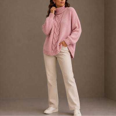 Damen Rollkragenpullover mit Zopfmuster in Oversize