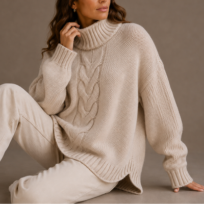 Damen Rollkragenpullover mit Zopfmuster in Oversize