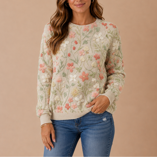 Damen Strickpullover mit gestickten Blüten