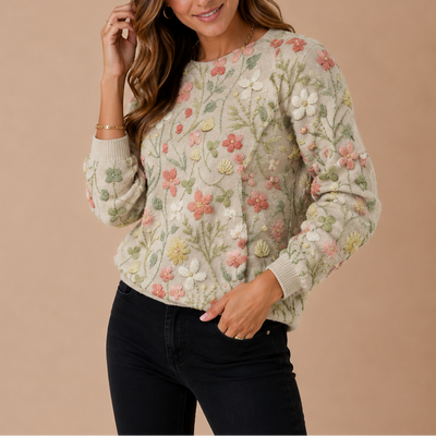 Damen Strickpullover mit gestickten Blüten