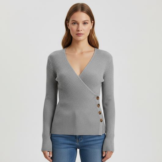 Damen Wickelpullover mit Rippstrick und seitlichen Knöpfen