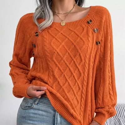 Leonie | Damen Zopfmuster Knit Sweater Rundhals Raglanärmel mit Knöpfen