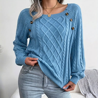 Leonie | Damen Zopfmuster Knit Sweater Rundhals Raglanärmel mit Knöpfen