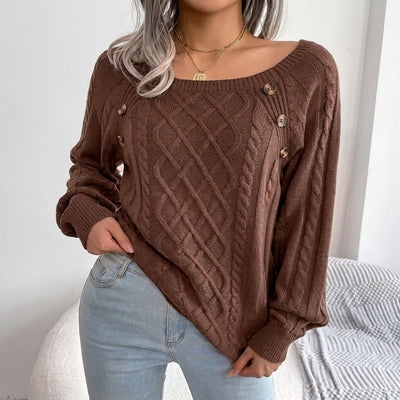 Leonie | Damen Zopfmuster Knit Sweater Rundhals Raglanärmel mit Knöpfen