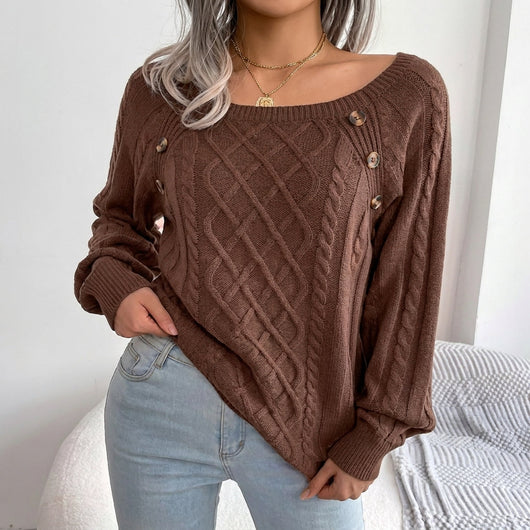 Leonie | Damen Zopfmuster Knit Sweater Rundhals Raglanärmel mit Knöpfen