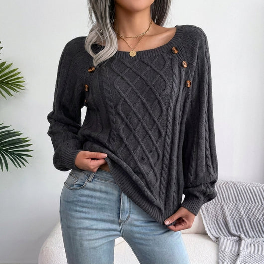 Leonie | Damen Zopfmuster Knit Sweater Rundhals Raglanärmel mit Knöpfen