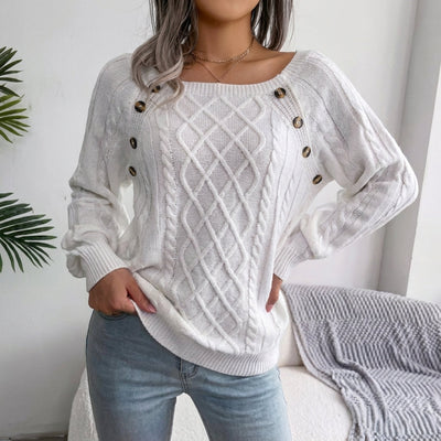 Leonie | Damen Zopfmuster Knit Sweater Rundhals Raglanärmel mit Knöpfen