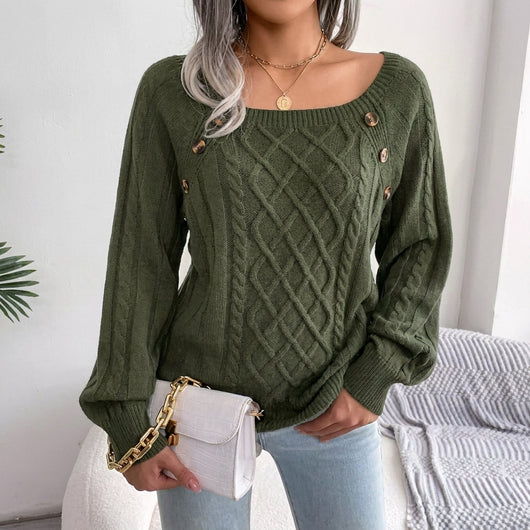 Leonie | Damen Zopfmuster Knit Sweater Rundhals Raglanärmel mit Knöpfen