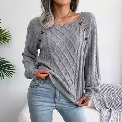 Leonie | Damen Zopfmuster Knit Sweater Rundhals Raglanärmel mit Knöpfen