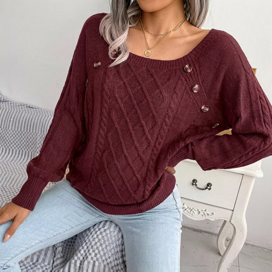 Leonie | Damen Zopfmuster Knit Sweater Rundhals Raglanärmel mit Knöpfen