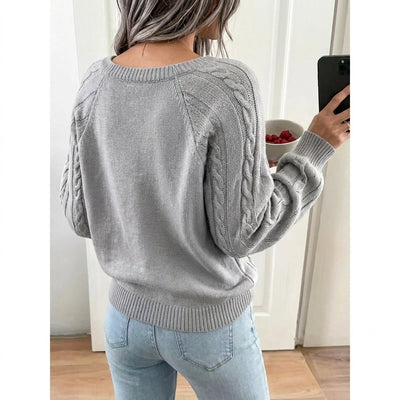 Leonie | Damen Zopfmuster Knit Sweater Rundhals Raglanärmel mit Knöpfen