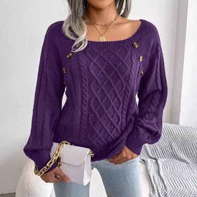 Leonie | Damen Zopfmuster Knit Sweater Rundhals Raglanärmel mit Knöpfen