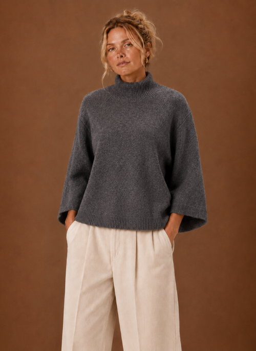 Damen Grobstrickpullover mit Stehkragen oversized