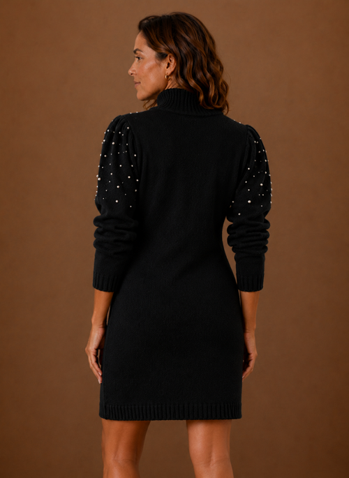 Damen Strickkleid mit Perlen und hohem Ausschnitt