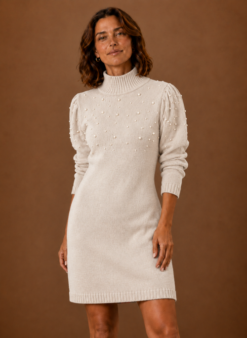 Damen Strickkleid mit Perlen und hohem Ausschnitt