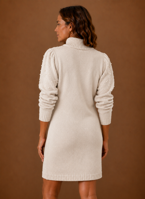 Damen Strickkleid mit Perlen und hohem Ausschnitt