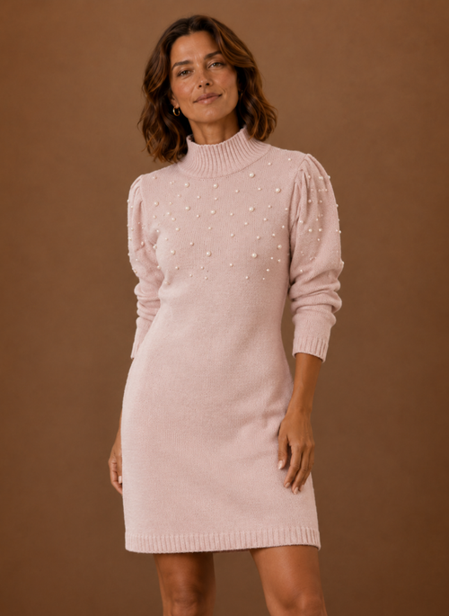 Damen Strickkleid mit Perlen und hohem Ausschnitt