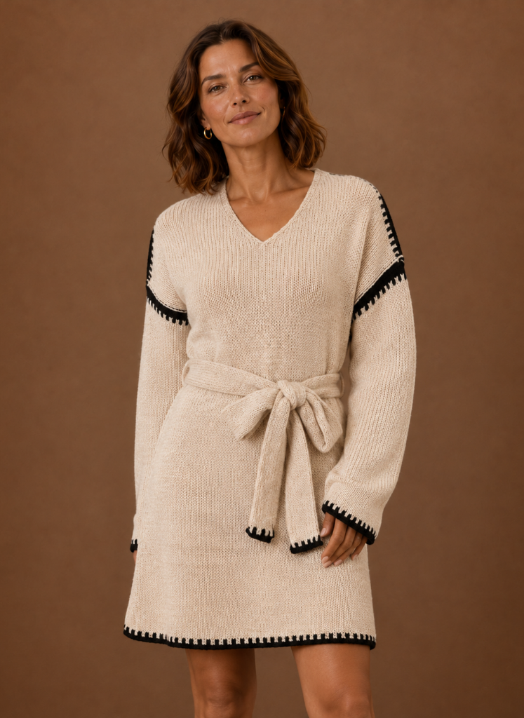 Damen Strickkleid mit V-Ausschnitt und Gürtel