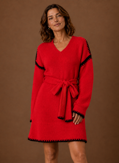 Damen Strickkleid mit V-Ausschnitt und Gürtel