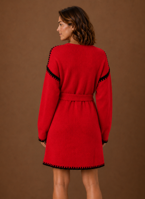 Damen Strickkleid mit V-Ausschnitt und Gürtel