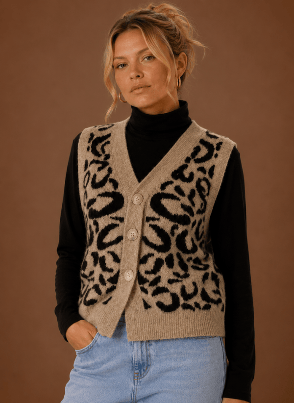 Damen Strickweste mit Leopardenmuster