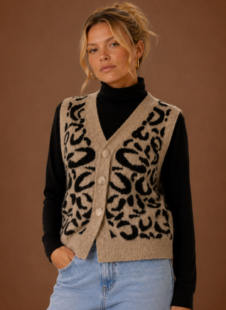 Damen Strickweste mit Leopardenmuster