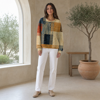 Annika | Damen Relaxed-Fit Colourblock Waffelstrick Henley Pullover