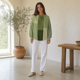 Annika | Damen Relaxed-Fit Colourblock Waffelstrick Henley Pullover